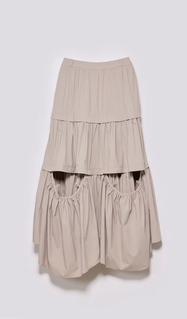 抽皺鏤空三層淺灰長裙｜淺灰