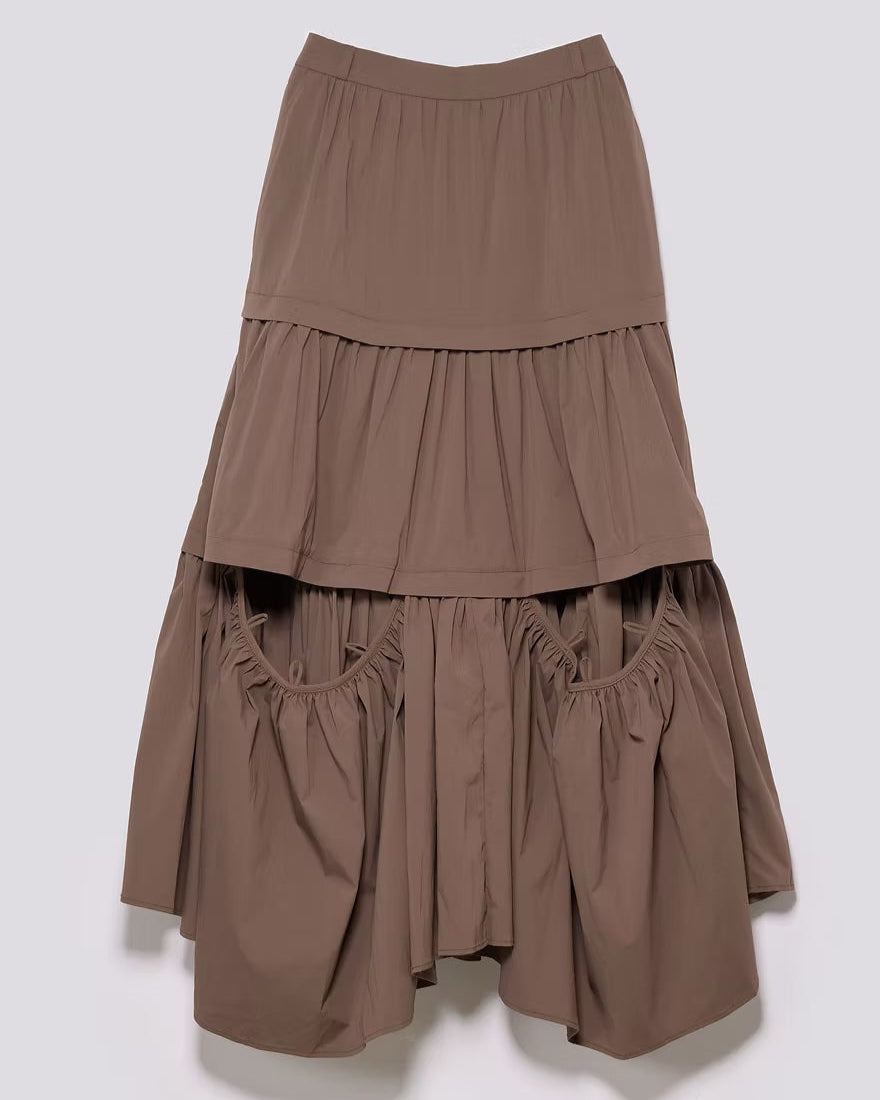 抽皺鏤空三層淺灰長裙｜棕