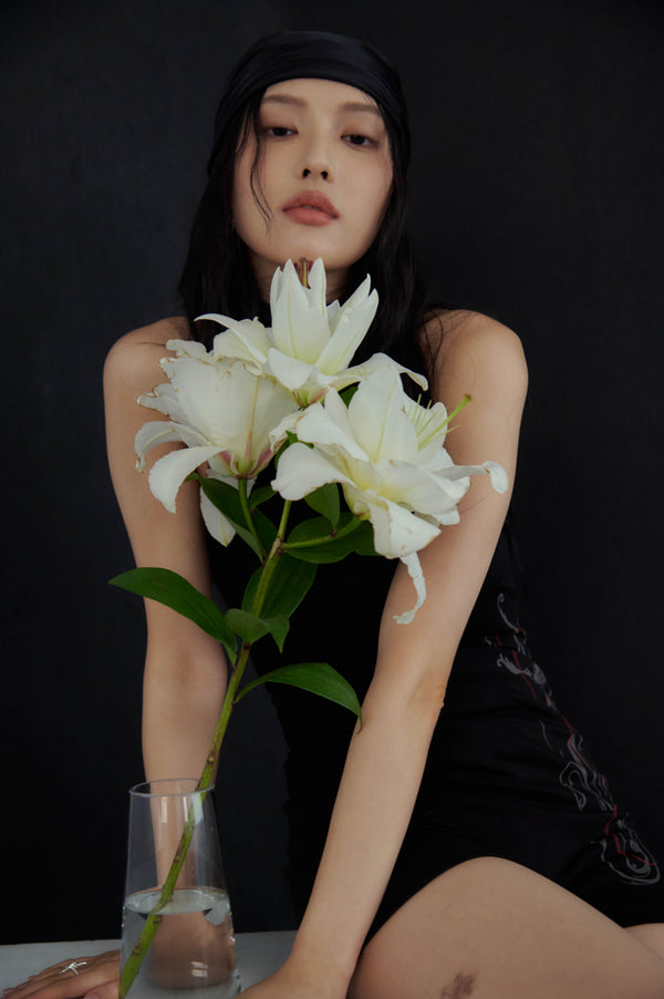 高領水仙印花削肩連身衣