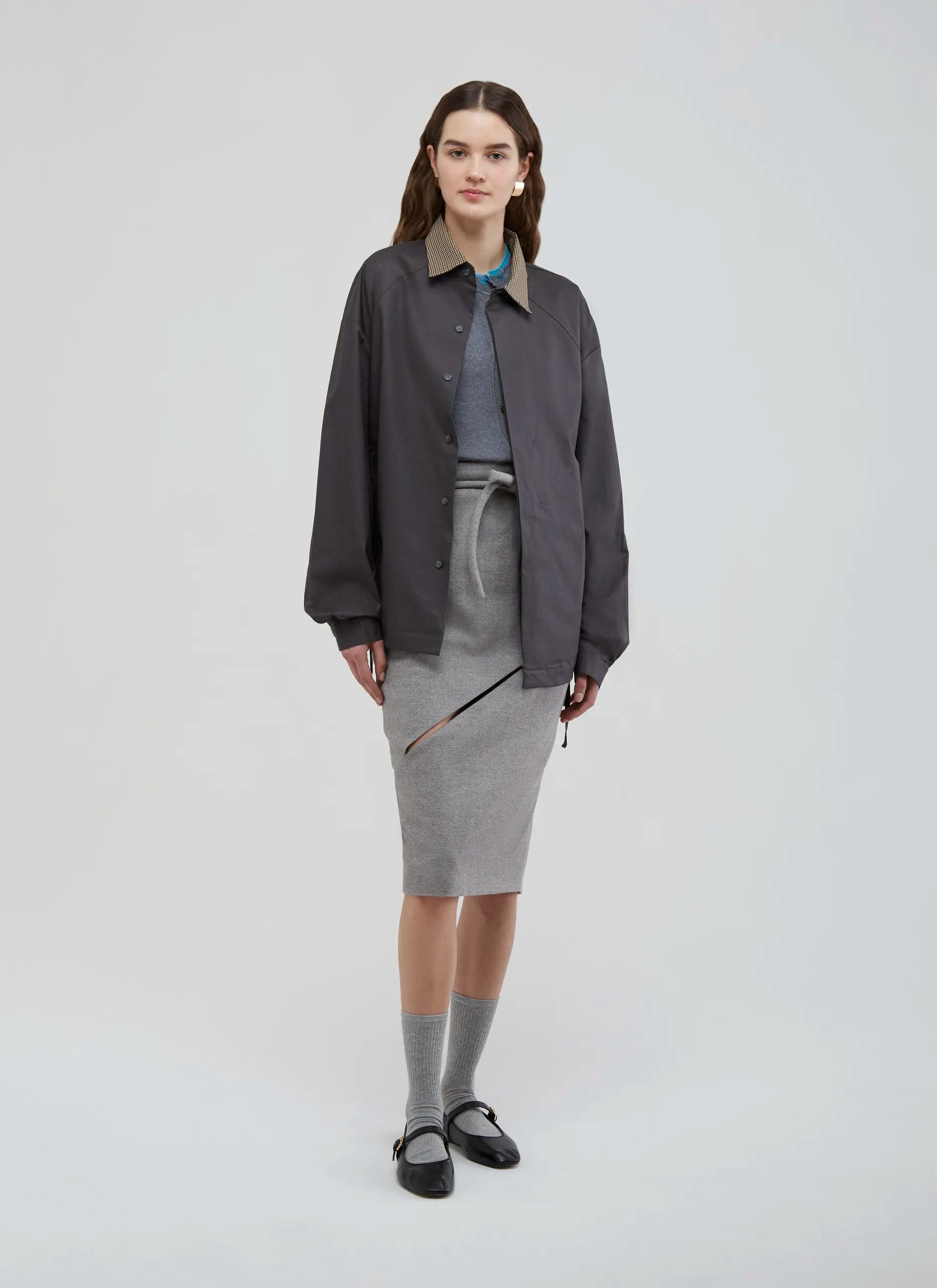 拼接領抽繩襯衫｜深灰