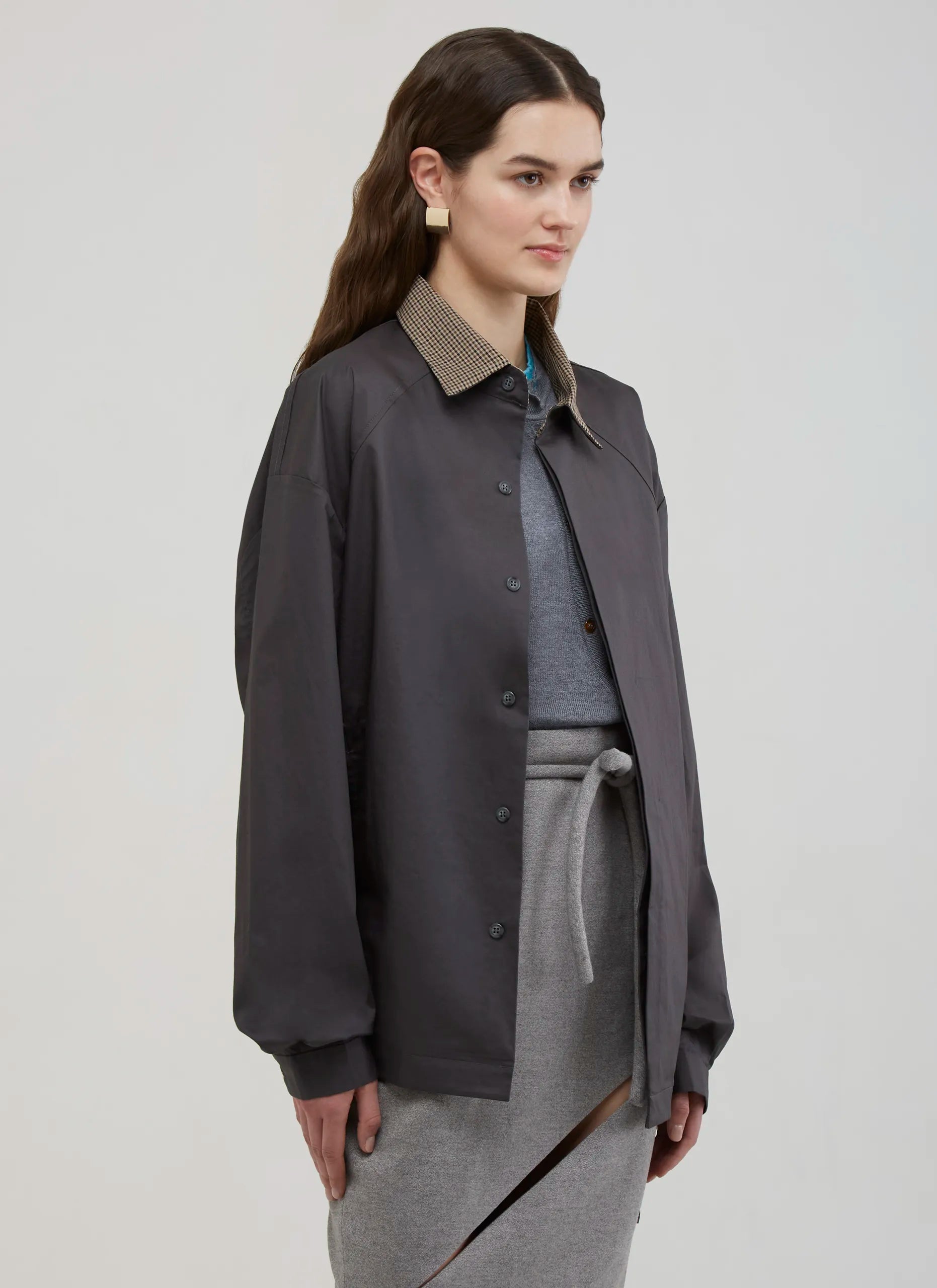 拼接領抽繩襯衫｜深灰