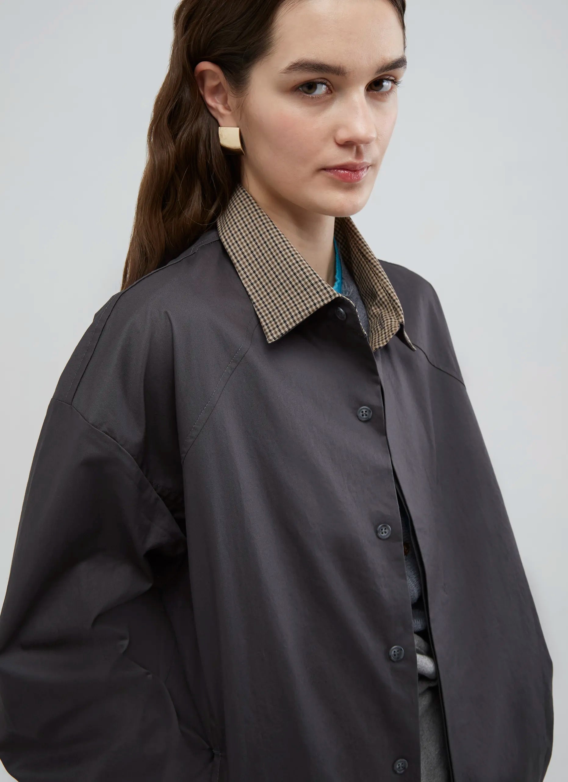 拼接領抽繩襯衫｜深灰