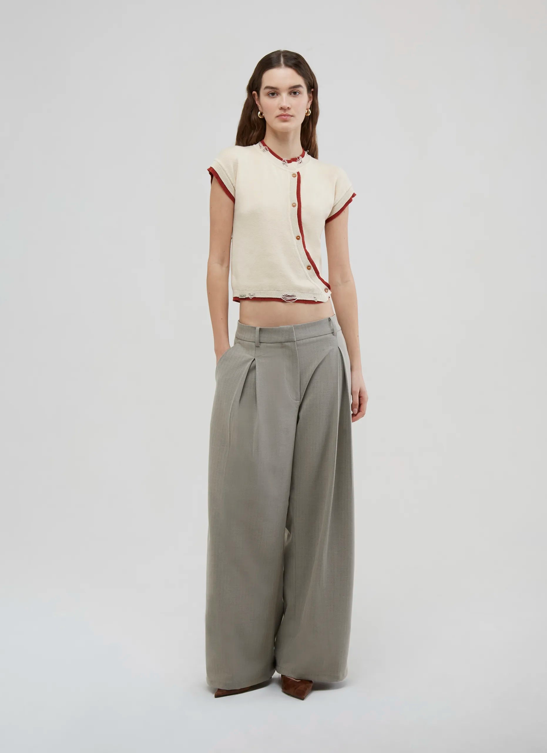 前褶寬西褲｜灰米