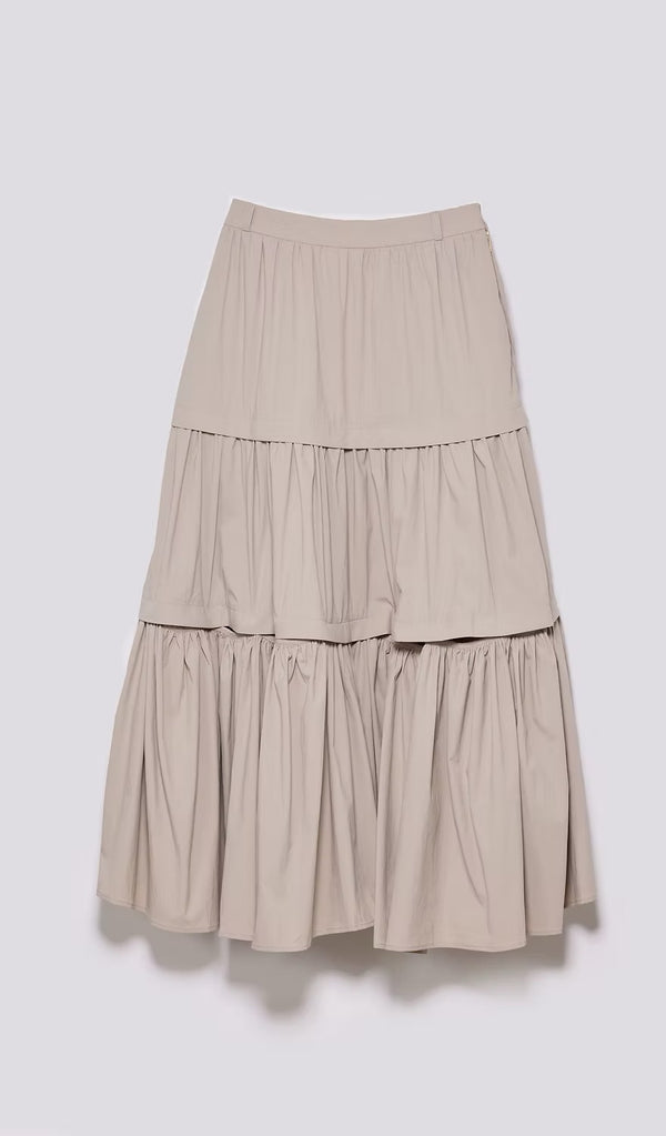 抽皺鏤空三層淺灰長裙｜淺灰