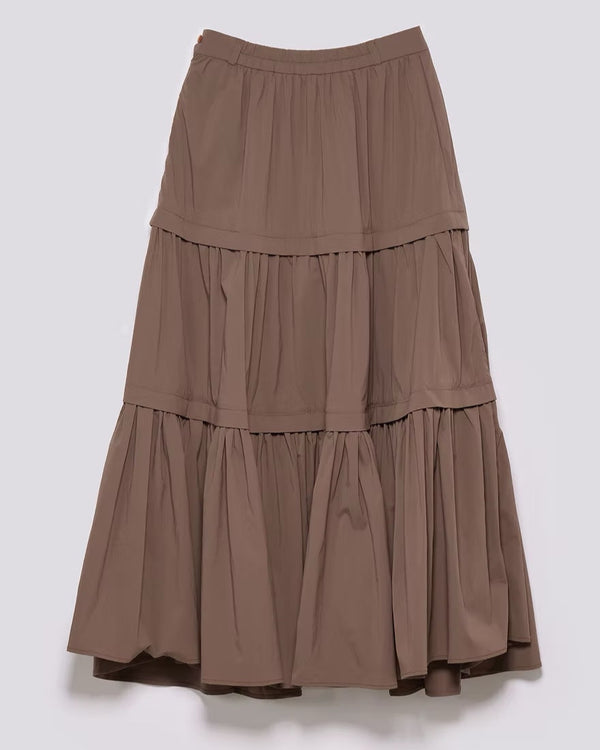 抽皺鏤空三層淺灰長裙｜棕