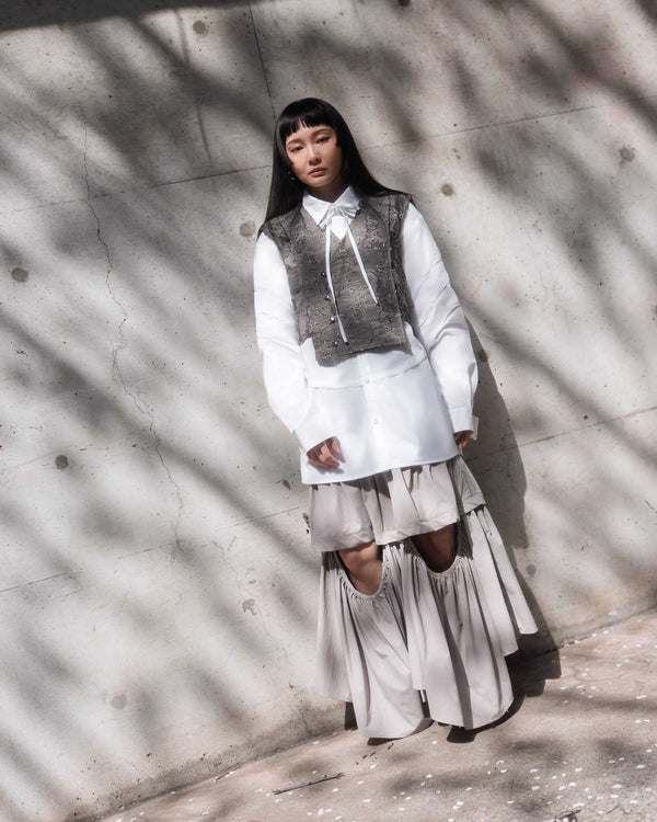 抽皺鏤空三層淺灰長裙｜淺灰