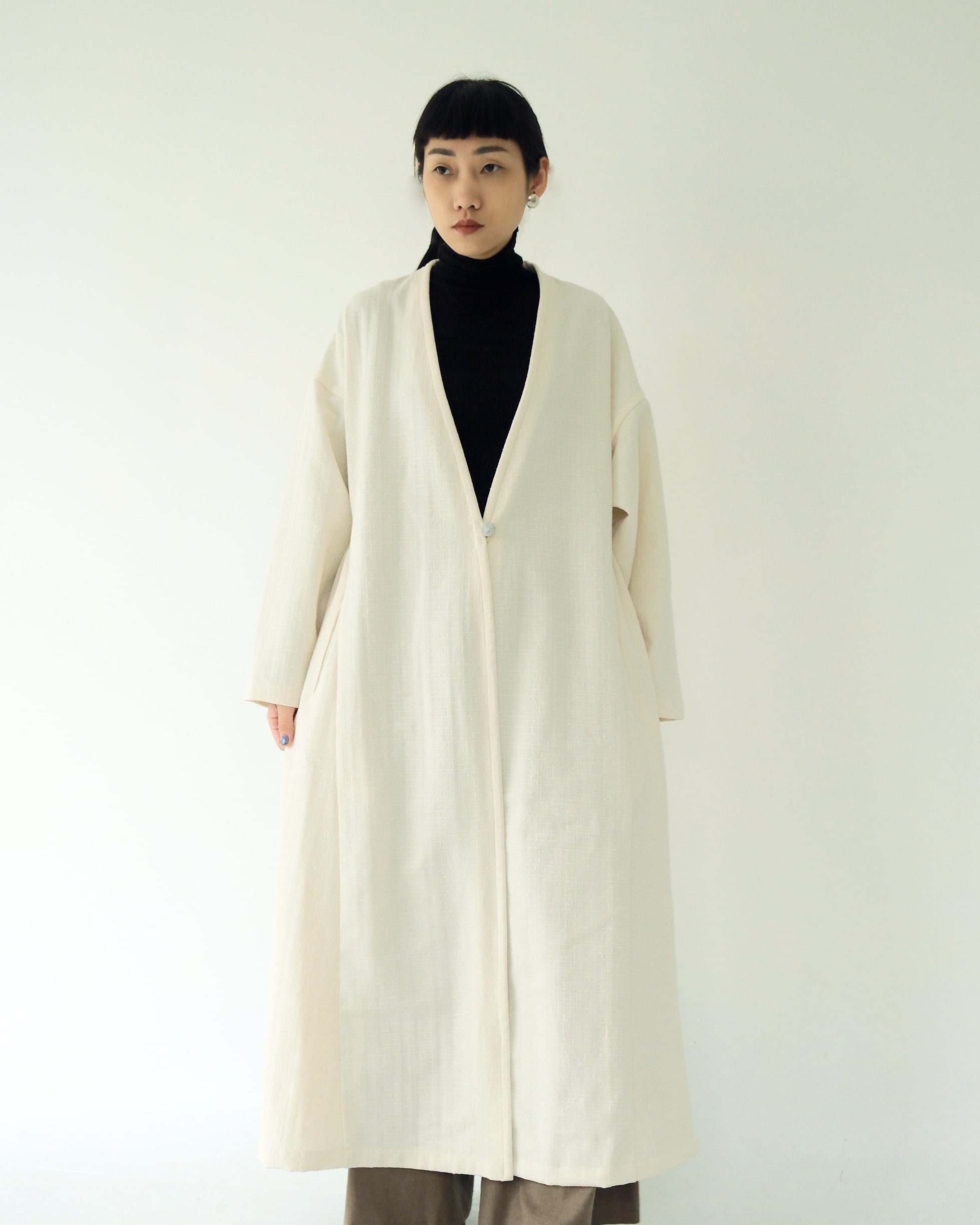 中亞開襟縮腰外套｜米色織紋