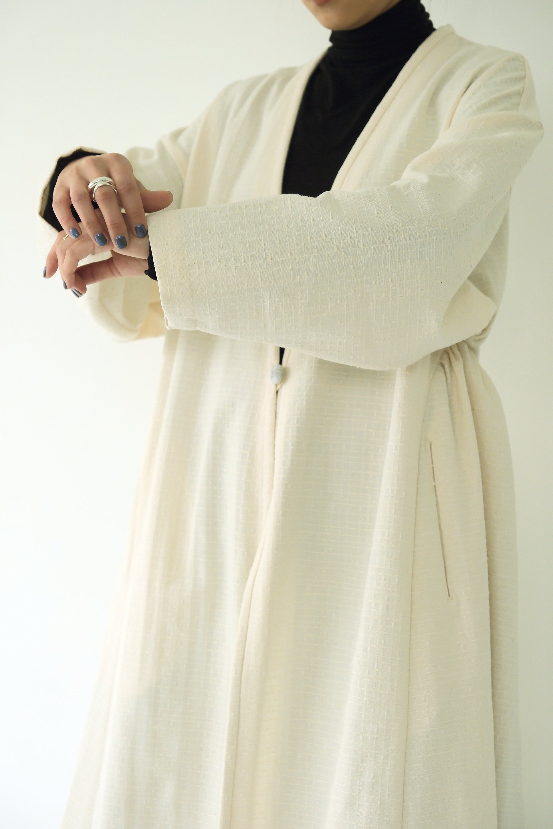 中亞開襟縮腰外套｜米色織紋