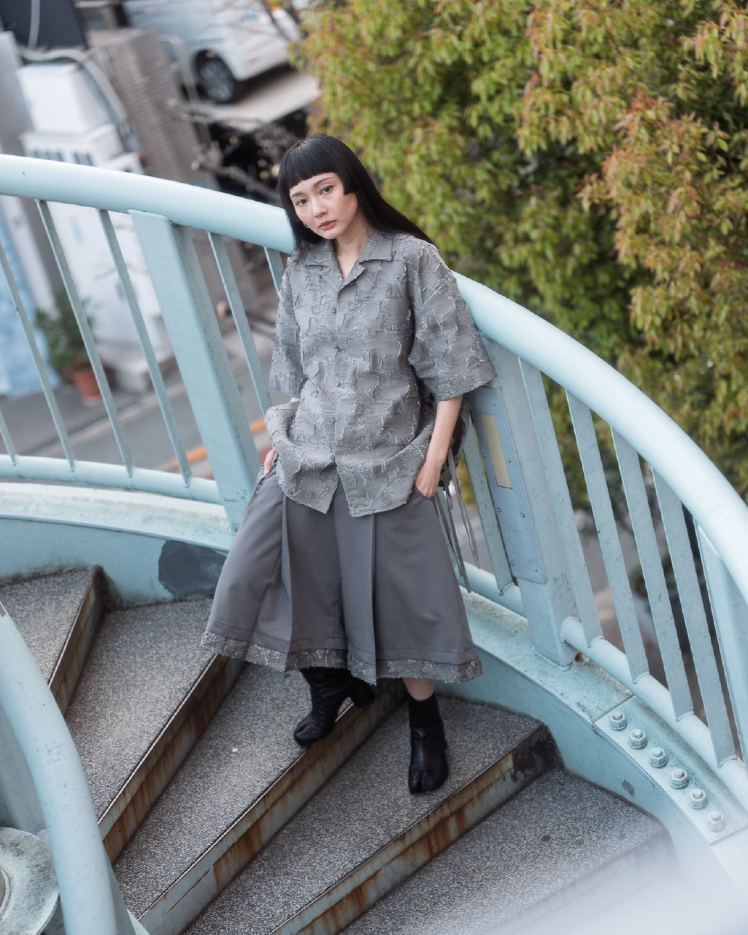 古巴領綁帶襯衫｜灰