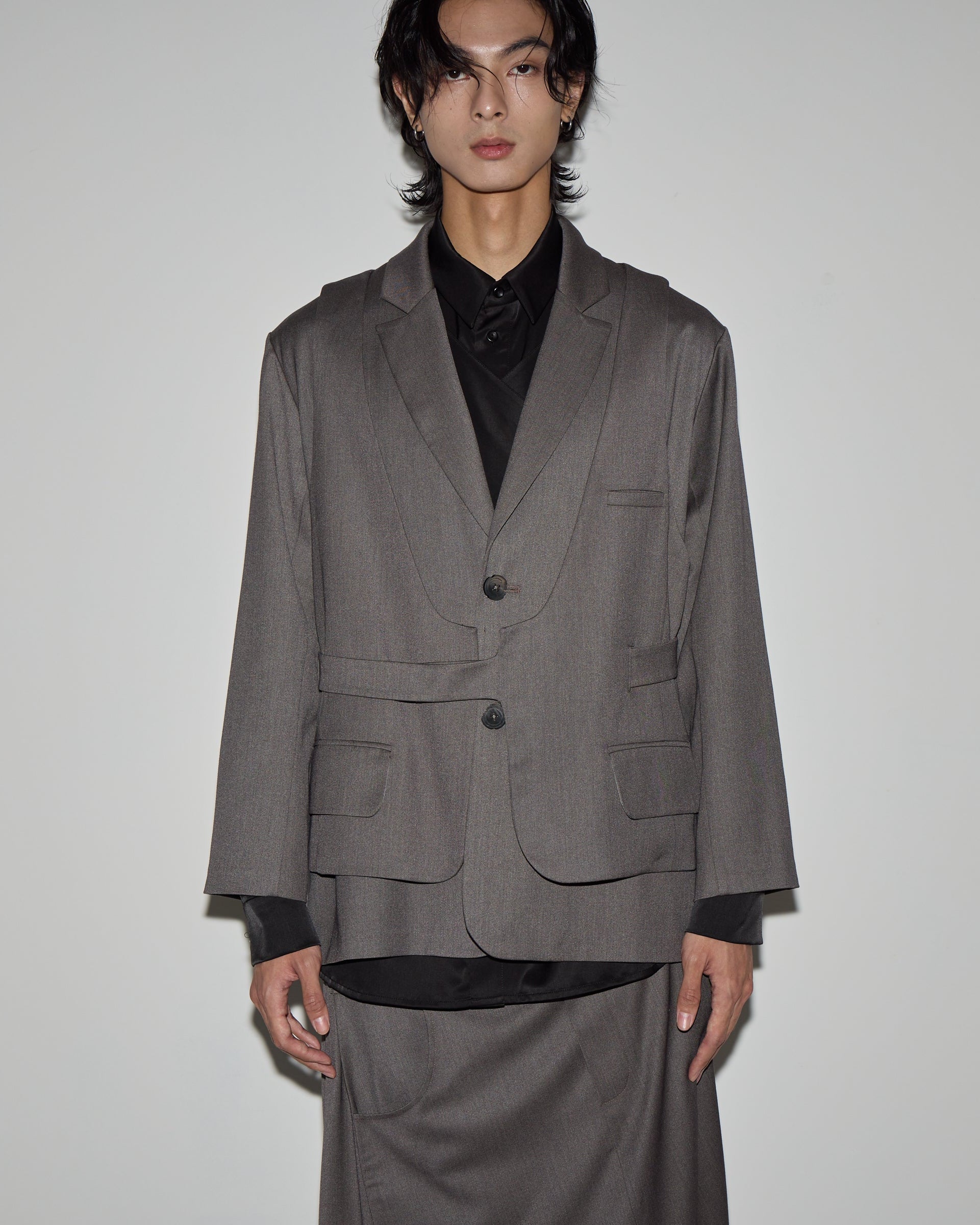 雙層綁帶西裝外套｜灰